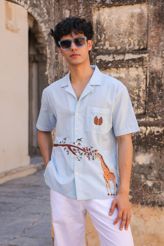 Light Blue Embroidered Cuban Collar Shirt Giraffe