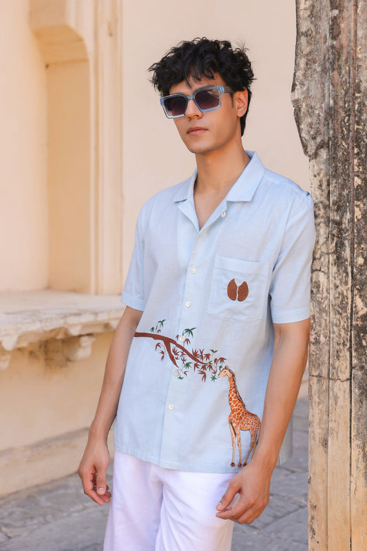 Light Blue Embroidered Cuban Collar Shirt Giraffe