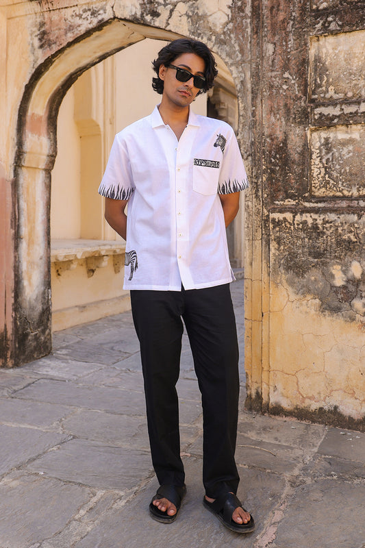 White Embroidered Cuban Collar Shirt Zebra
