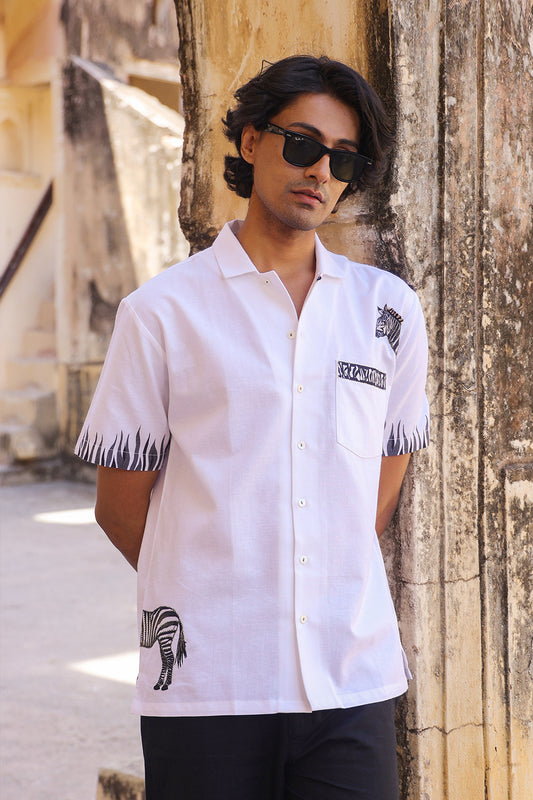 White Embroidered Cuban Collar Shirt Zebra