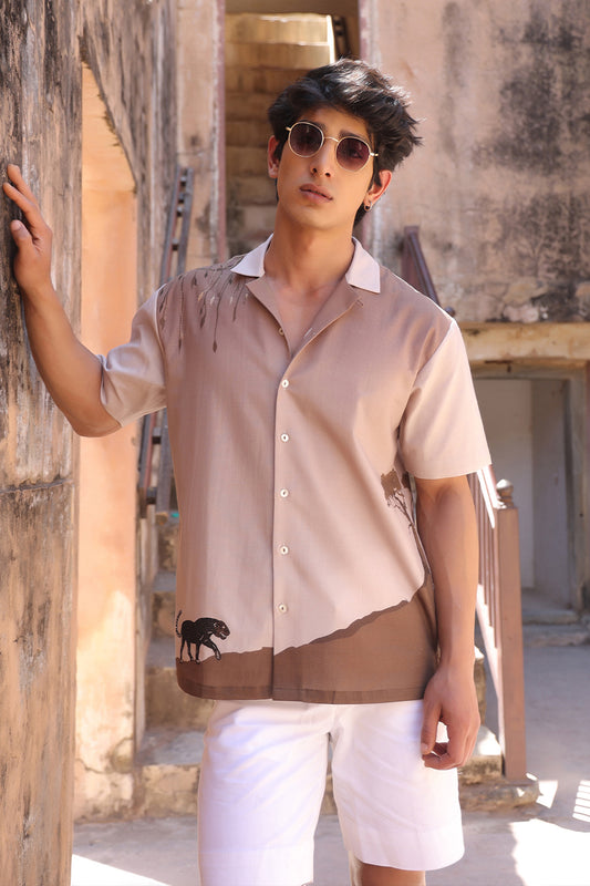 Light Brown Embroidered Cuban Collar Shirt Panther