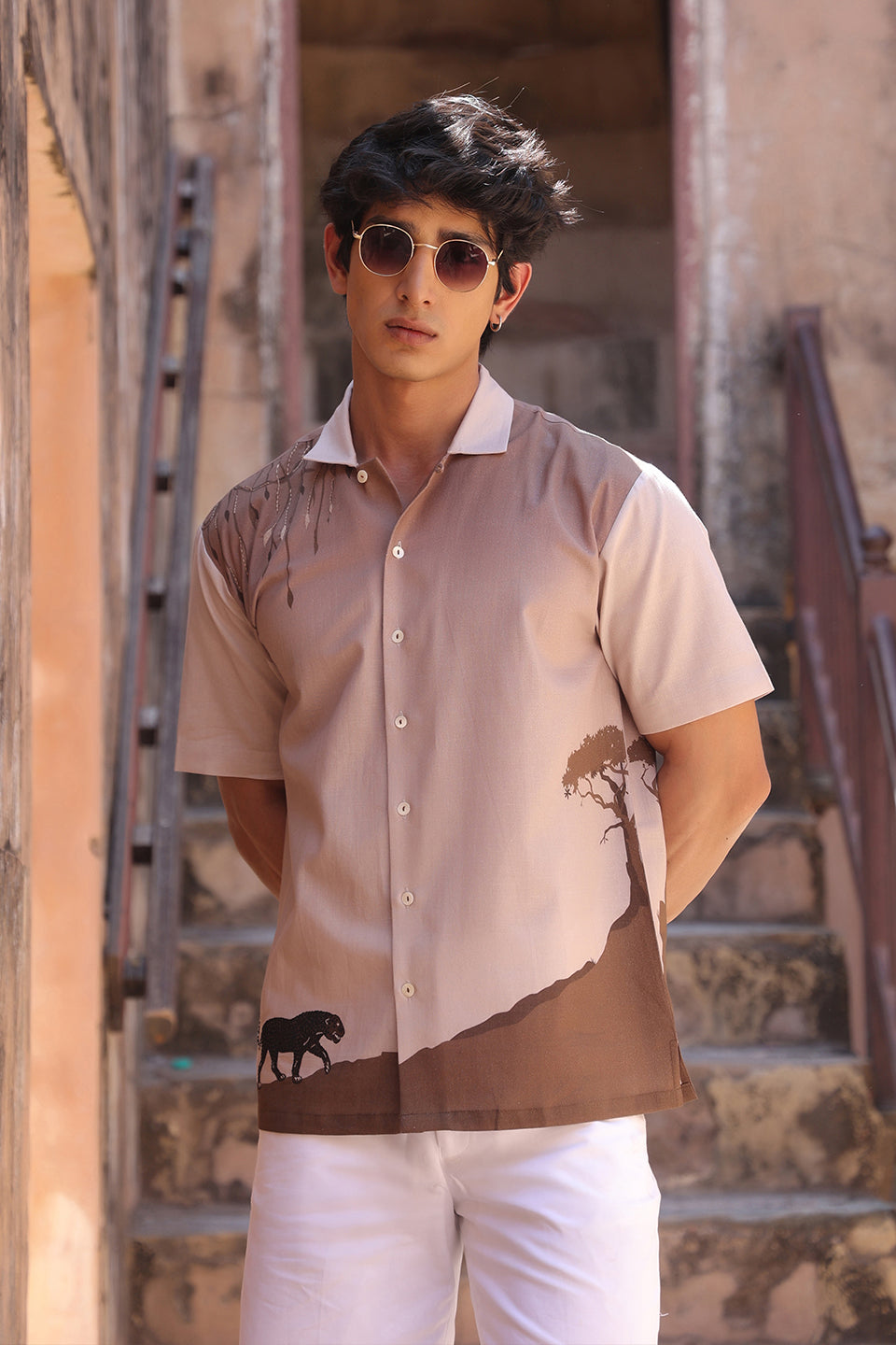 Light Brown Embroidered Cuban Collar Shirt Panther