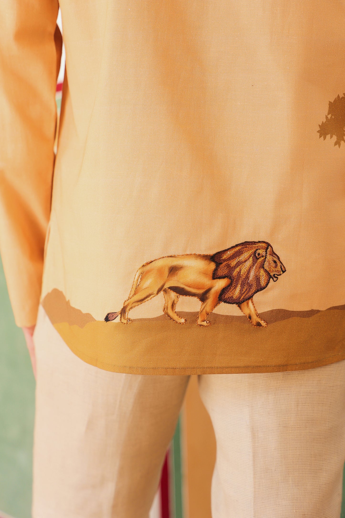 Mustard Embroidered Kurta Shirt Lion