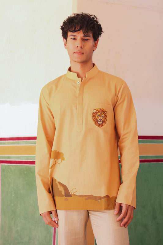 Mustard Embroidered Kurta Shirt Lion