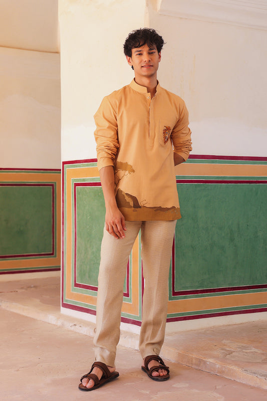 Mustard Embroidered Kurta Shirt Lion