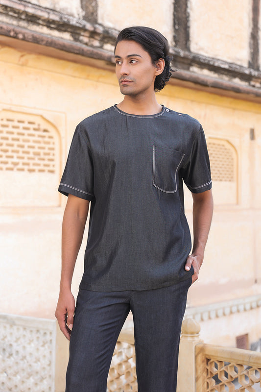Black Crew Neck Denim T-Shirt