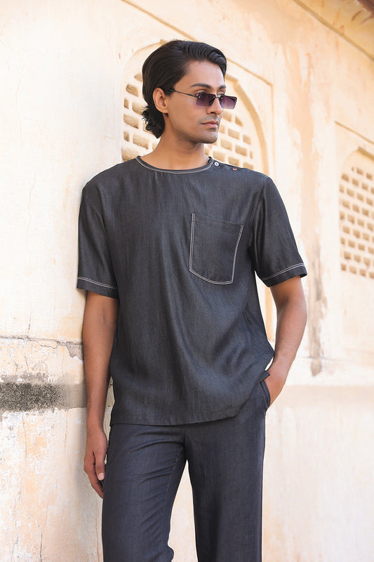 Black Crew Neck Denim T-Shirt
