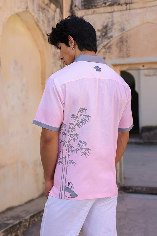 Pink Embroidered Cuban Collar Shirt Panda