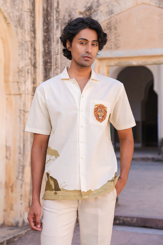 Yellow Embroidered Cuban Collar Shirt Lion