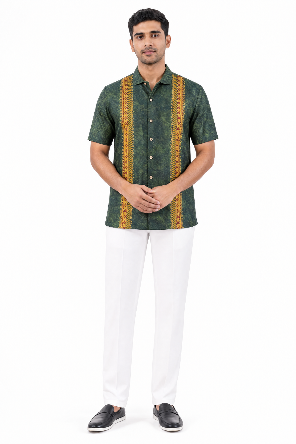 Olive Green Linear Silk Cuban Collar Shirt