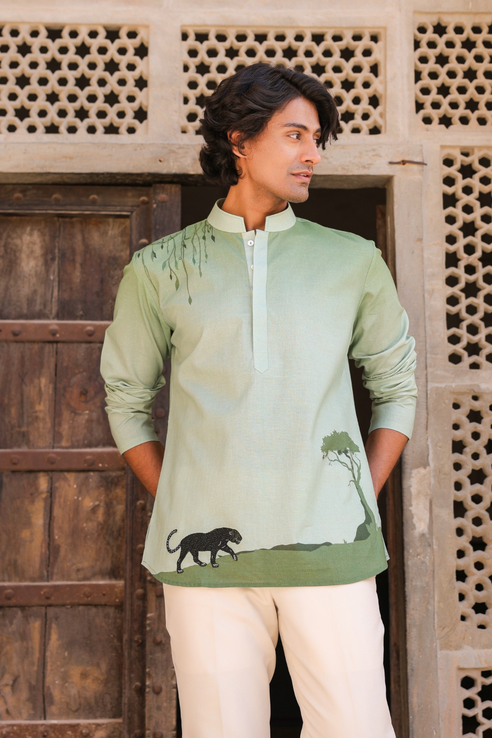 Green Embroidered Kurta Shirt Panther