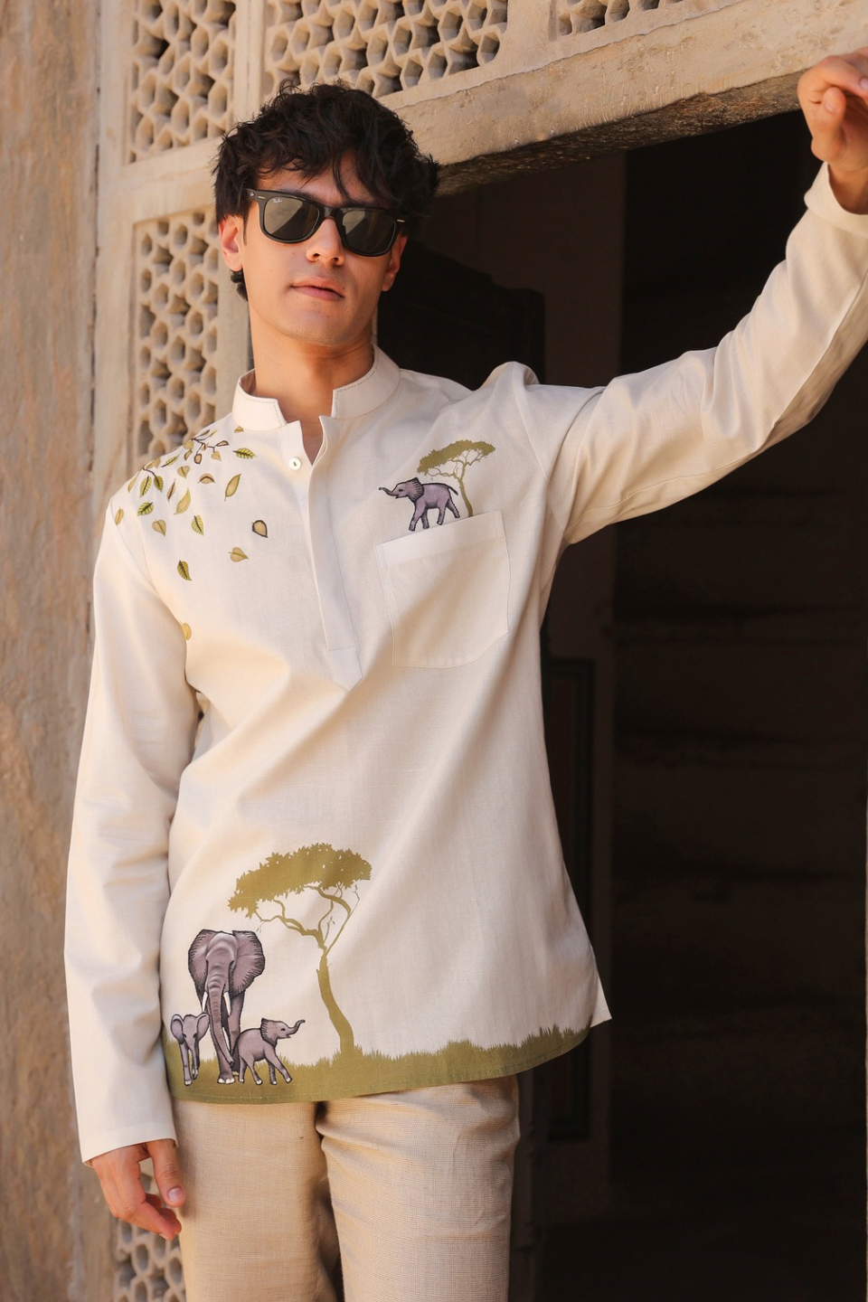 Ivory Embroidered Kurta Shirt Elephant