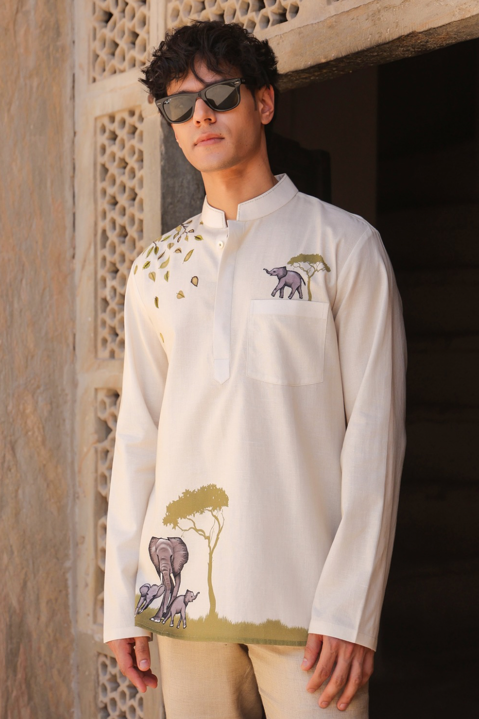 Ivory Embroidered Kurta Shirt Elephant