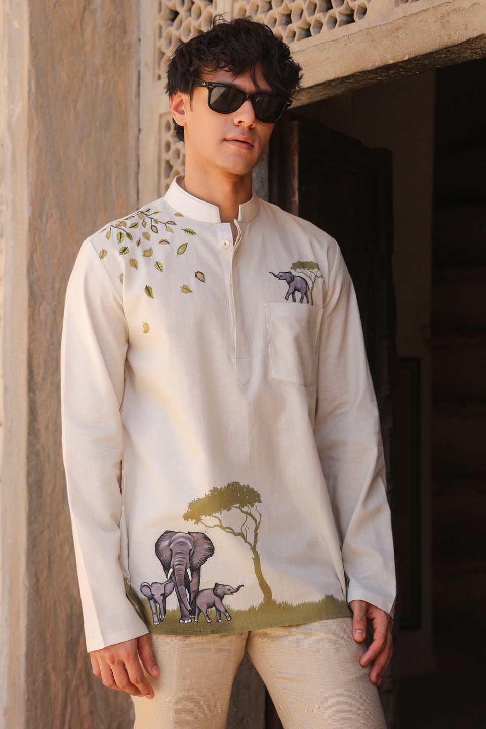 Ivory Embroidered Kurta Shirt Elephant