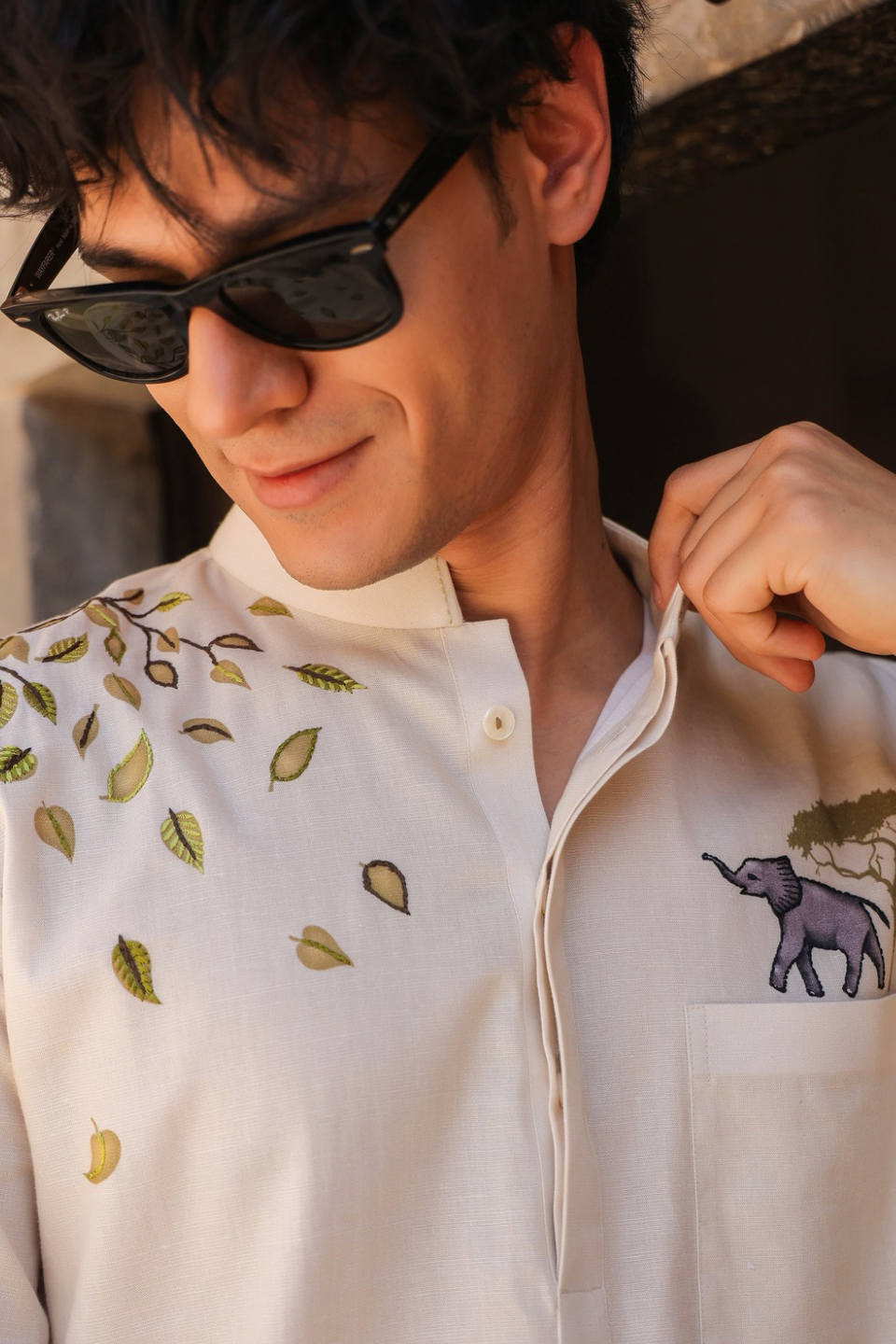 Ivory Embroidered Kurta Shirt Elephant