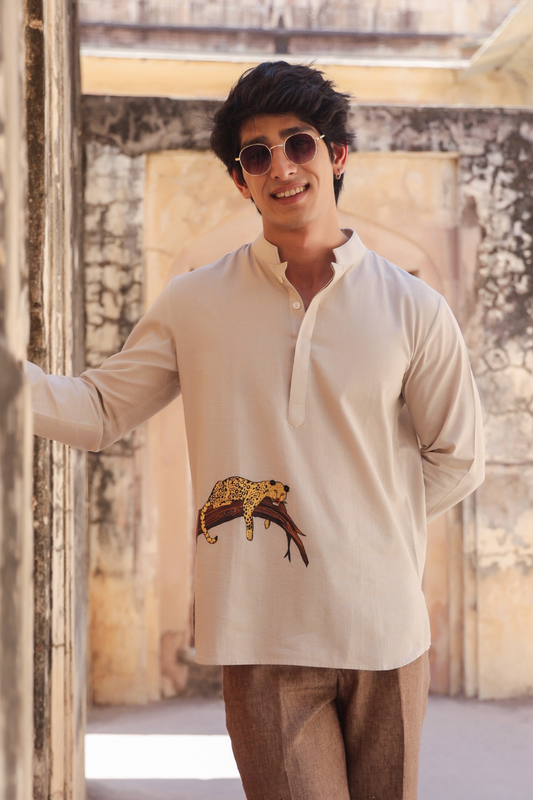 Ivory Embroidered Kurta Shirt Leopard