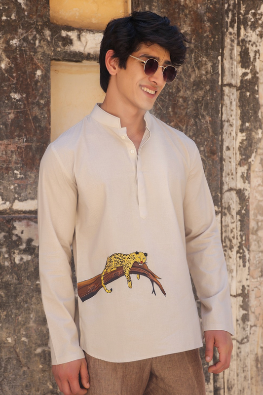 Ivory Embroidered Kurta Shirt Leopard