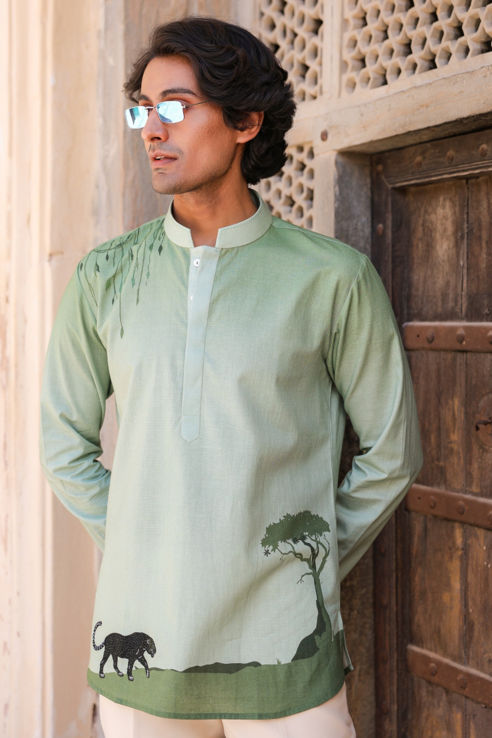 Green Embroidered Kurta Shirt Panther