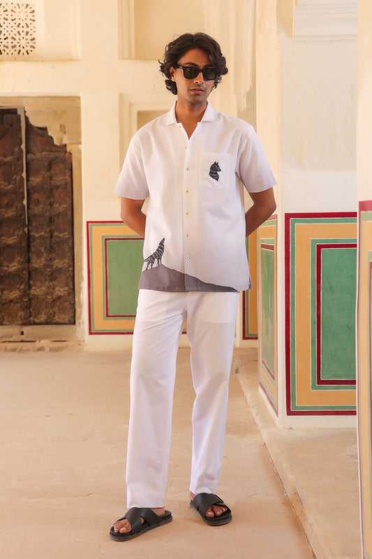 White Embroidered Cuban Collar Shirt Wolf