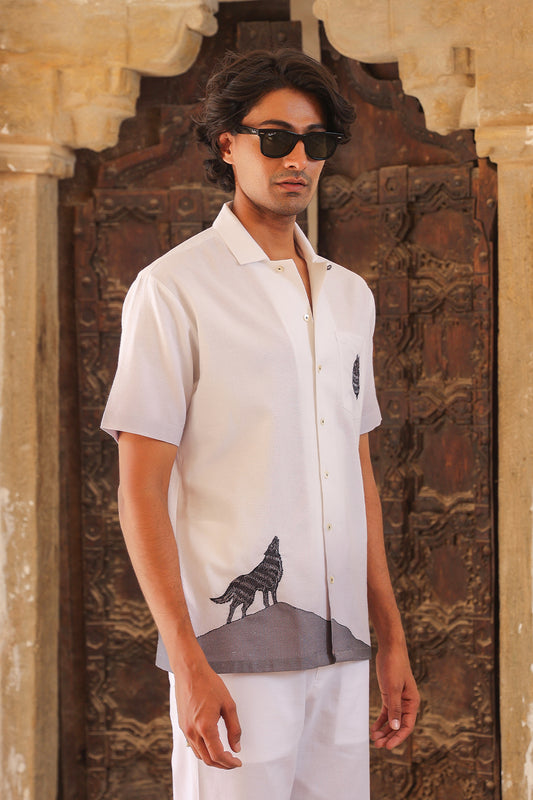 White Embroidered Cuban Collar Shirt Wolf