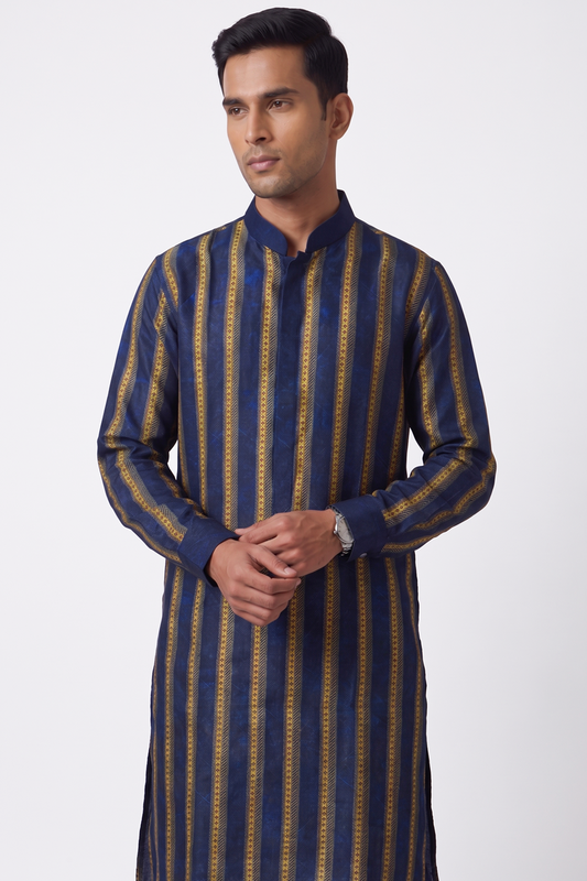 Blue Linear Silk Kurta