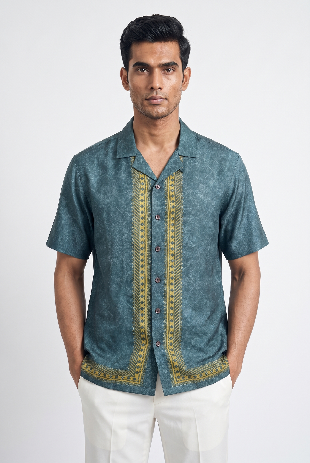 Teal Regal Silk Cuban Collar Shirt