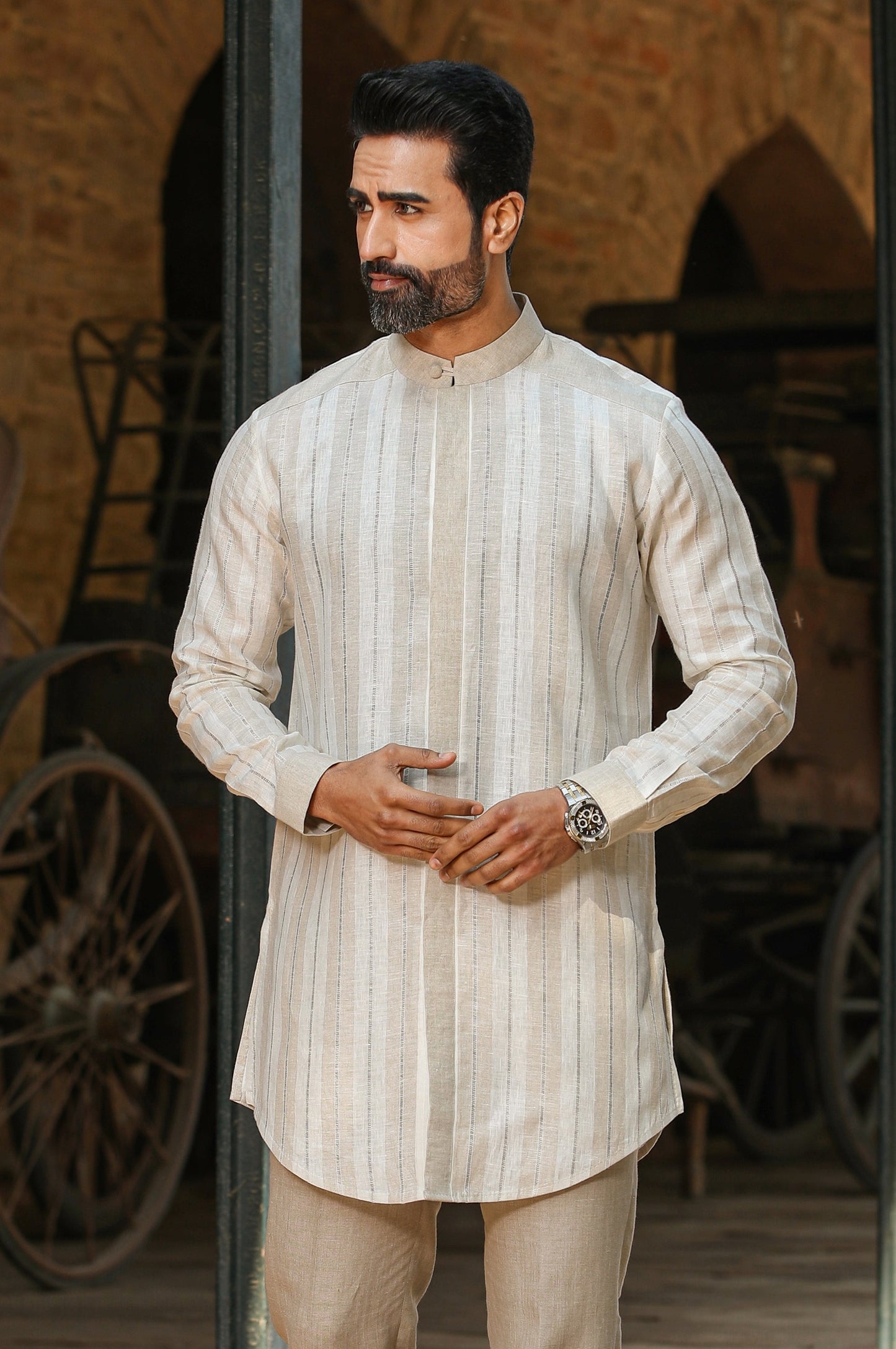Beige Front Button Linen Kurta