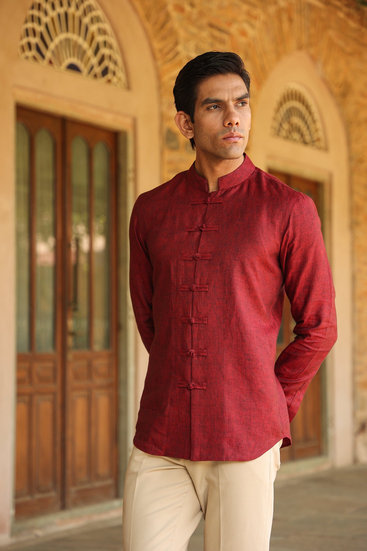 Red Mandarin Knot Linen Shirt