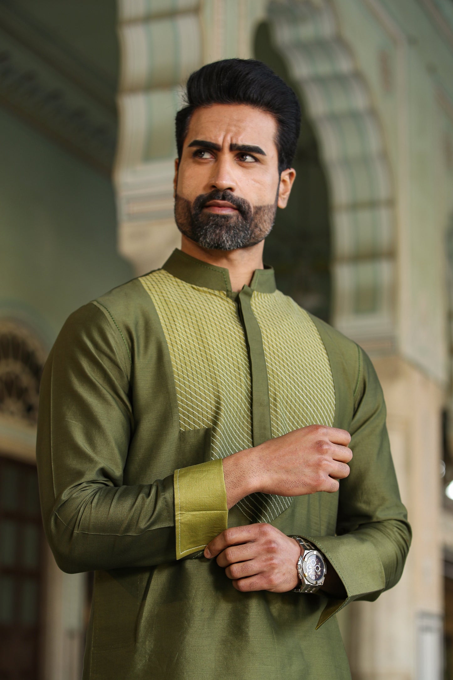 Green Cross Stitch Ombré Silk Kurta