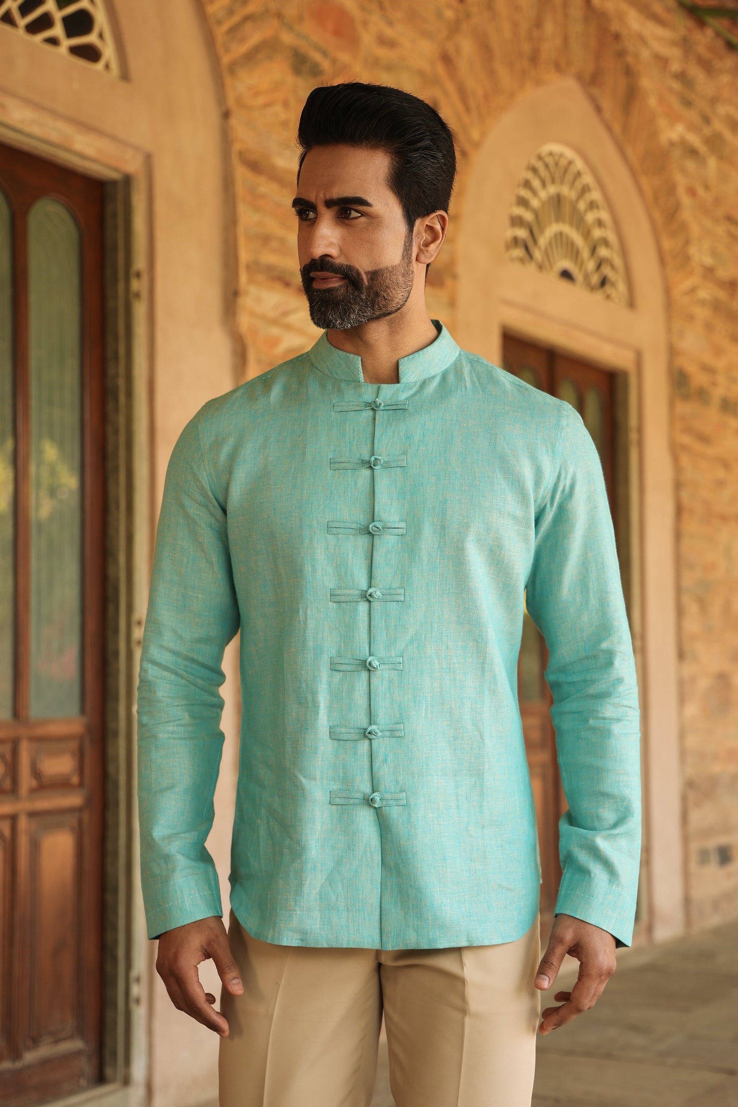 Green Mandarin Knot Linen Shirt