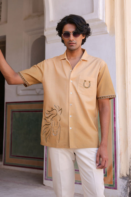 Mustard Embroidered Cuban Collar Shirt Horse