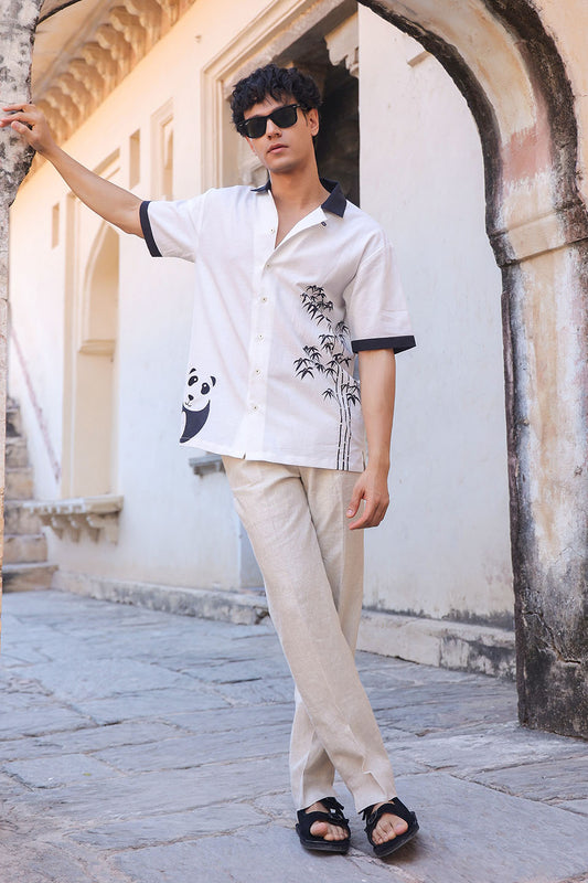 White Embroidered Cuban Collar Shirt Panda