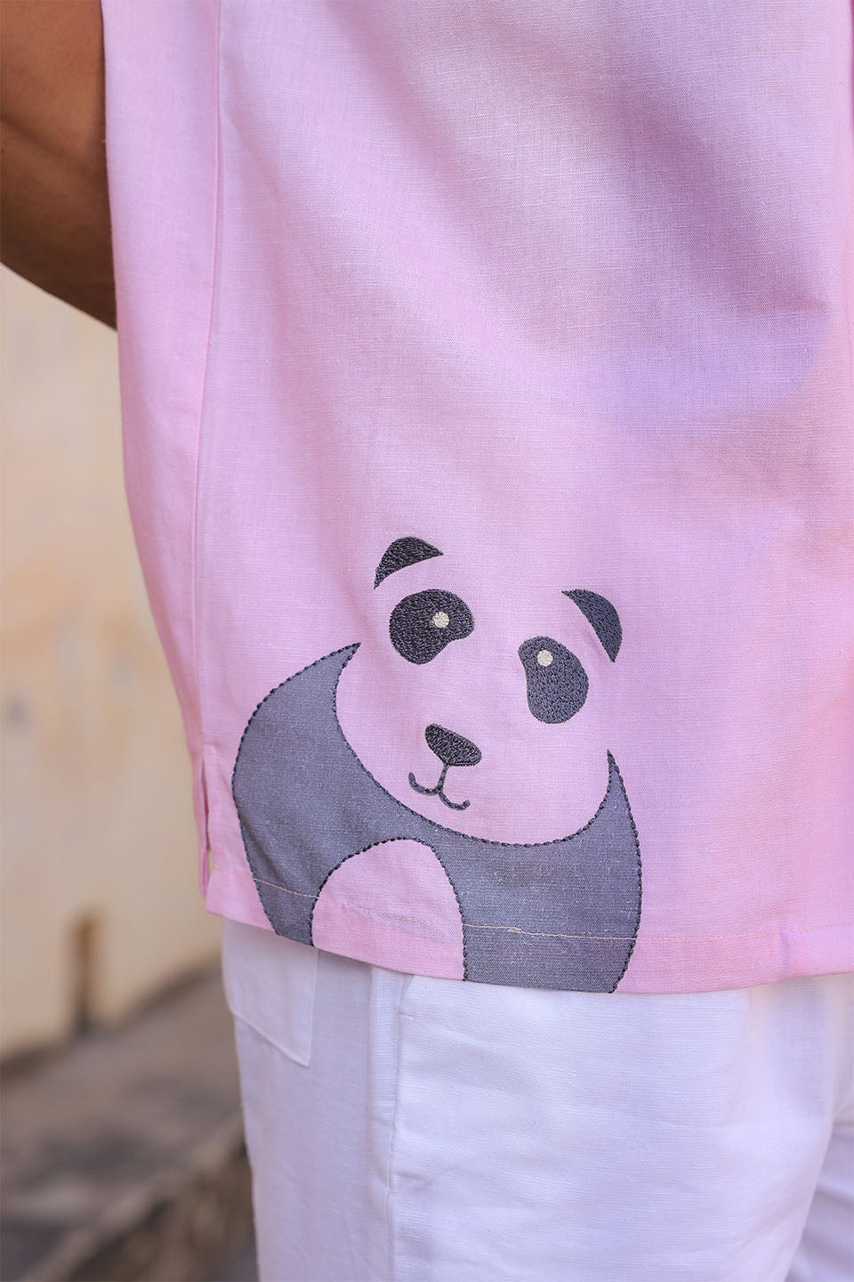 Pink Embroidered Cuban Collar Shirt Panda