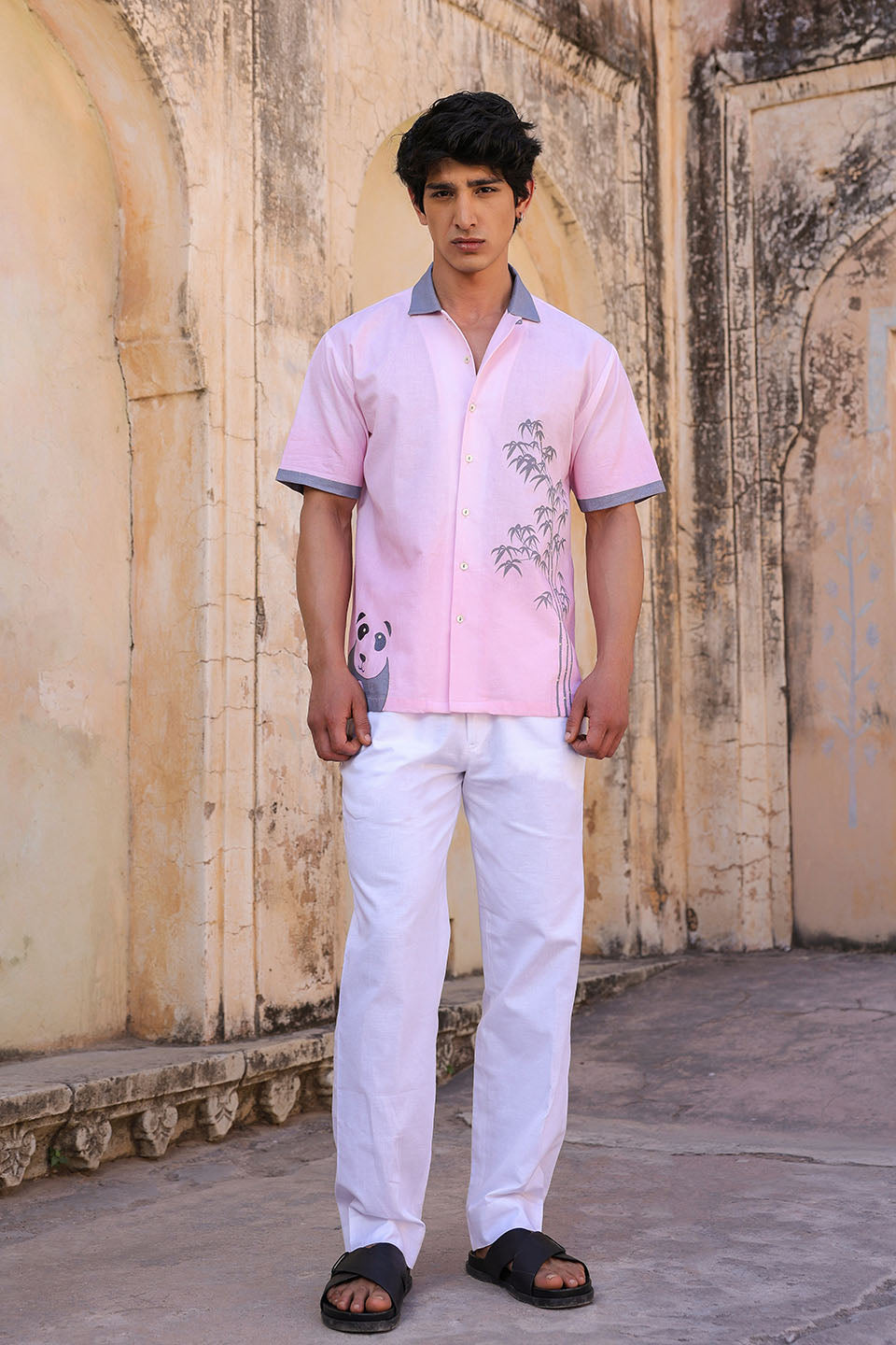 Pink Embroidered Cuban Collar Shirt Panda