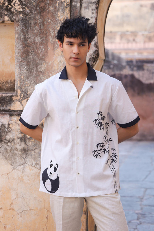 White Embroidered Cuban Collar Shirt Panda