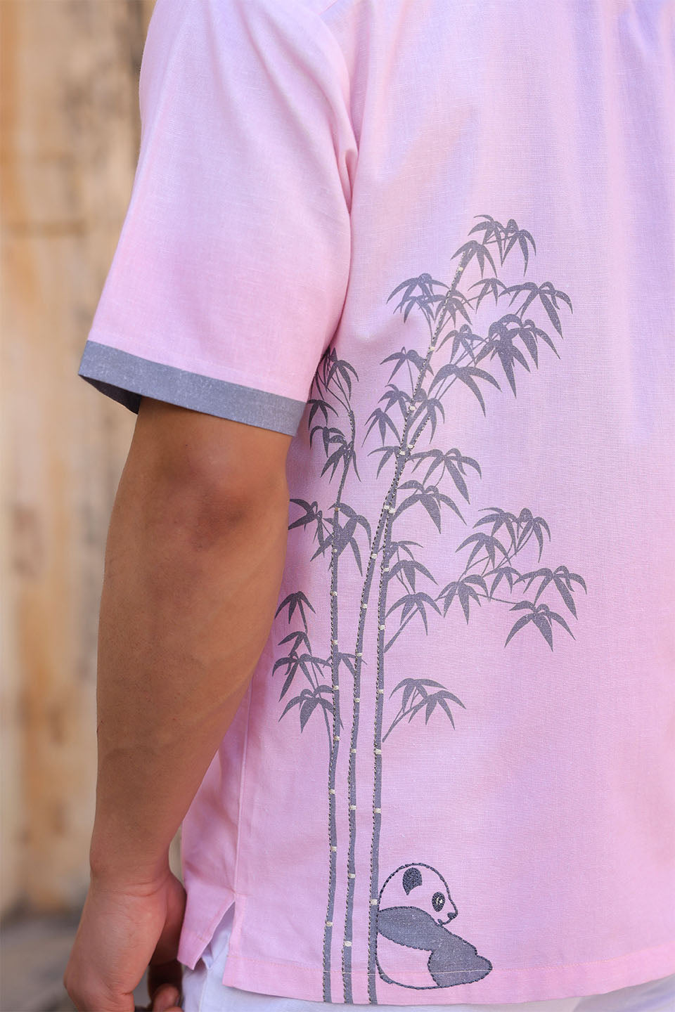 Pink Embroidered Cuban Collar Shirt Panda