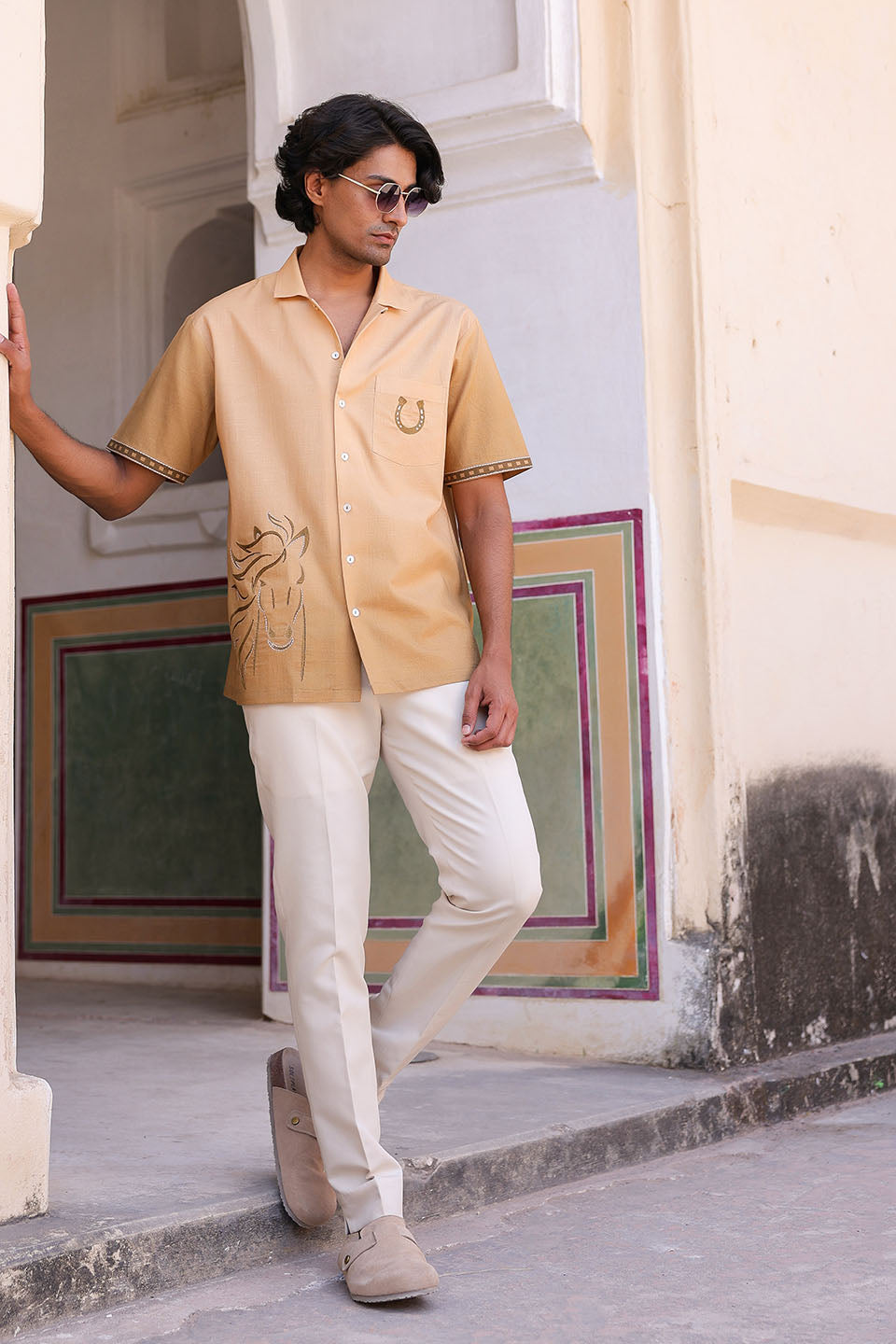 Mustard Embroidered Cuban Collar Shirt Horse