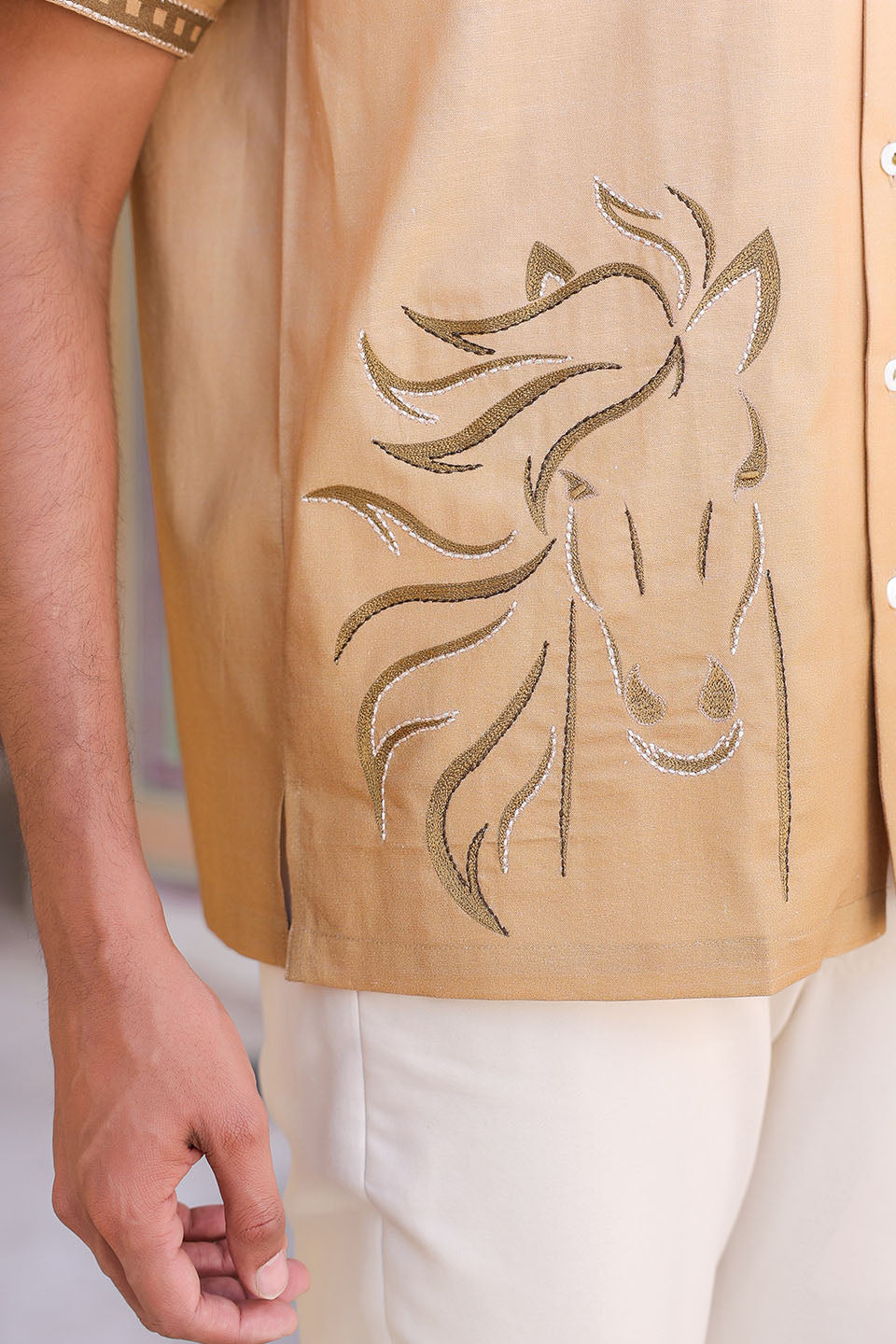 Mustard Embroidered Cuban Collar Shirt Horse