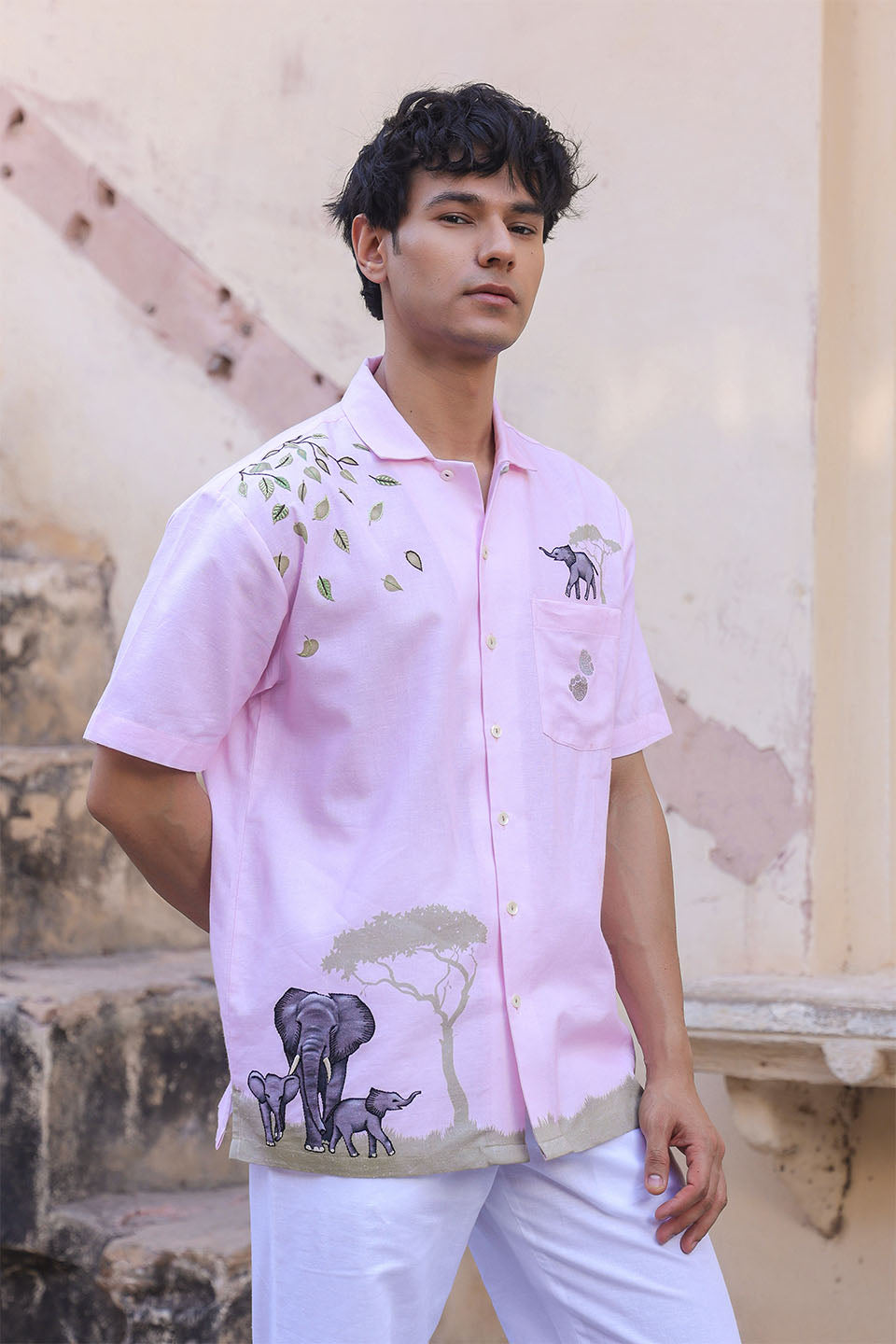 Pink Embroidered Cuban Collar Shirt Elephant