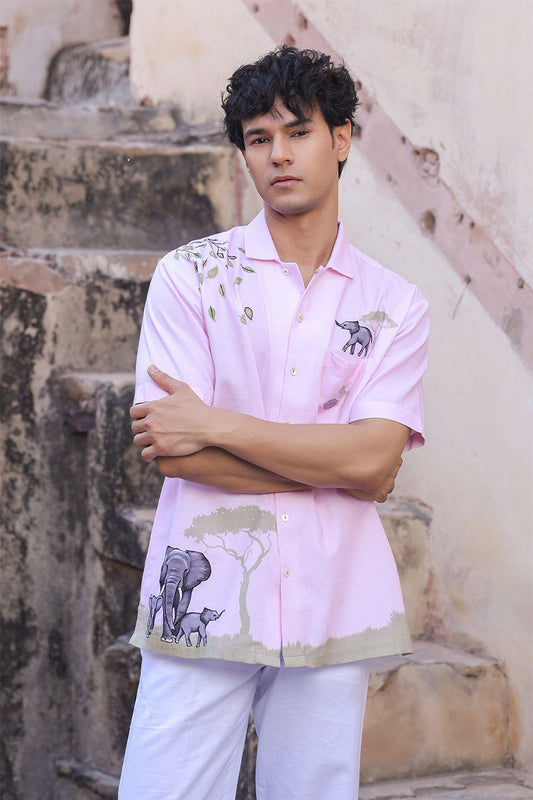 Pink Embroidered Cuban Collar Shirt Elephant
