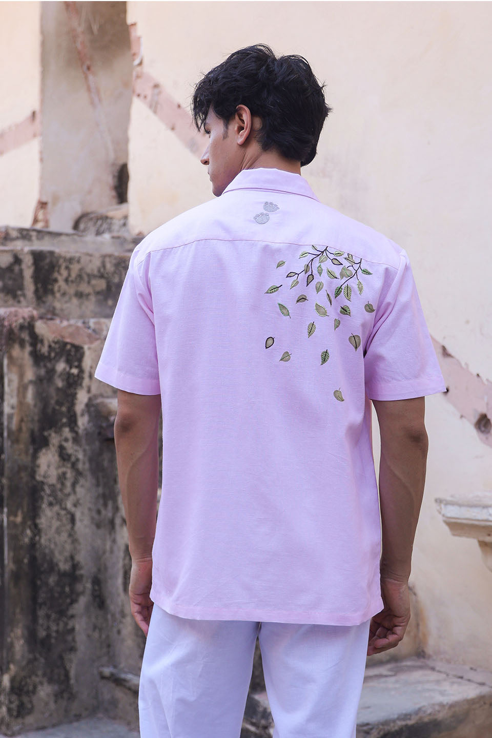 Pink Embroidered Cuban Collar Shirt Elephant