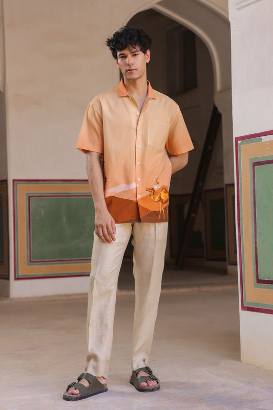 Mustard Embroidered Cuban Collar Shirt Camel