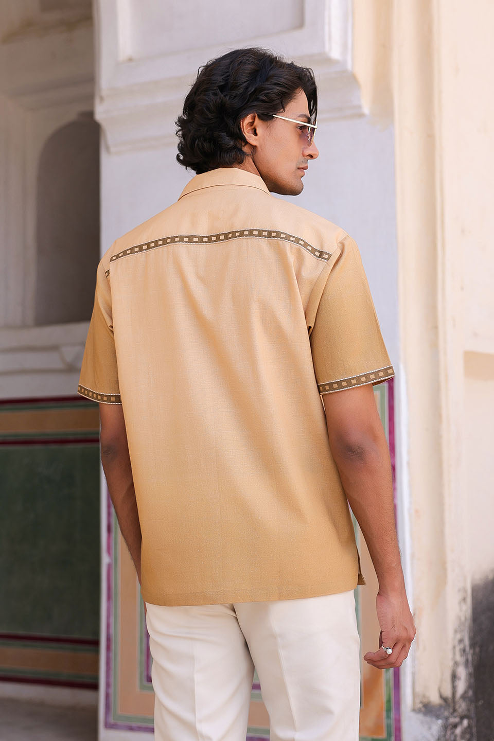 Mustard Embroidered Cuban Collar Shirt Horse
