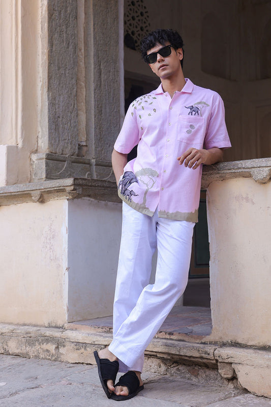 Pink Embroidered Cuban Collar Shirt Elephant