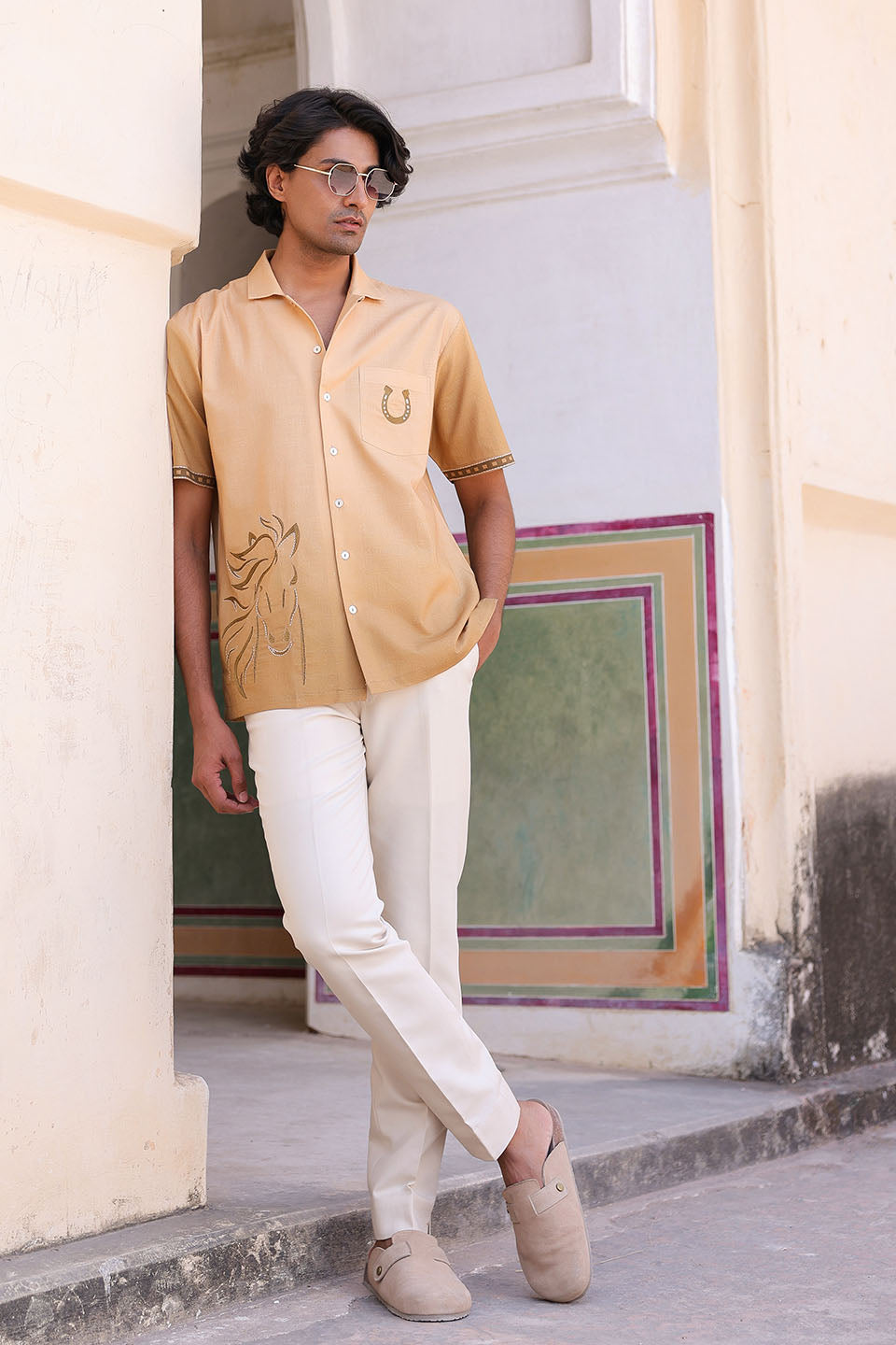 Mustard Embroidered Cuban Collar Shirt Horse