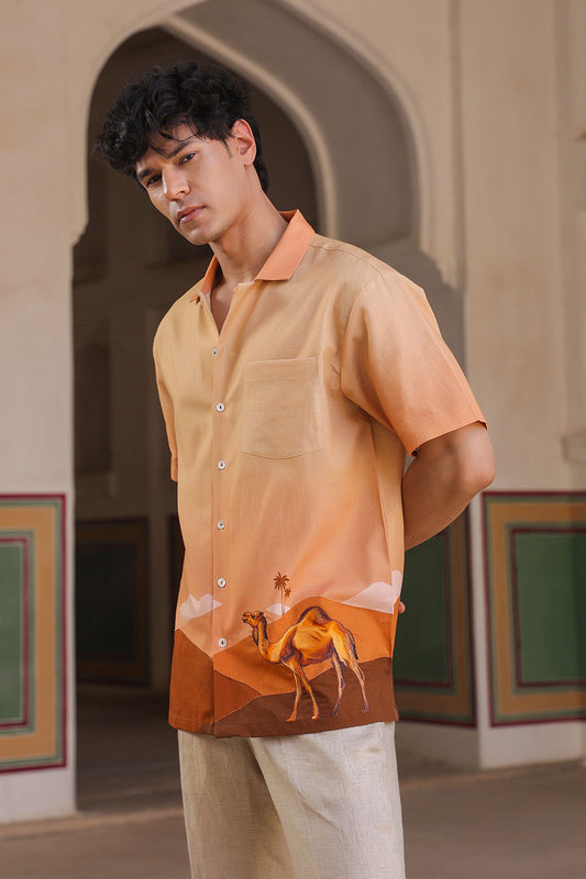 Mustard Embroidered Cuban Collar Shirt Camel