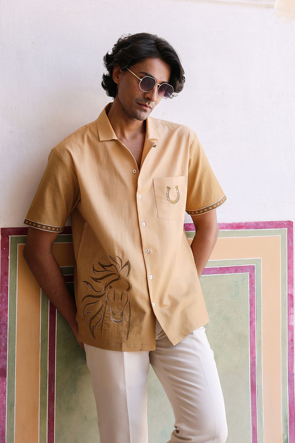 Mustard Embroidered Cuban Collar Shirt Horse