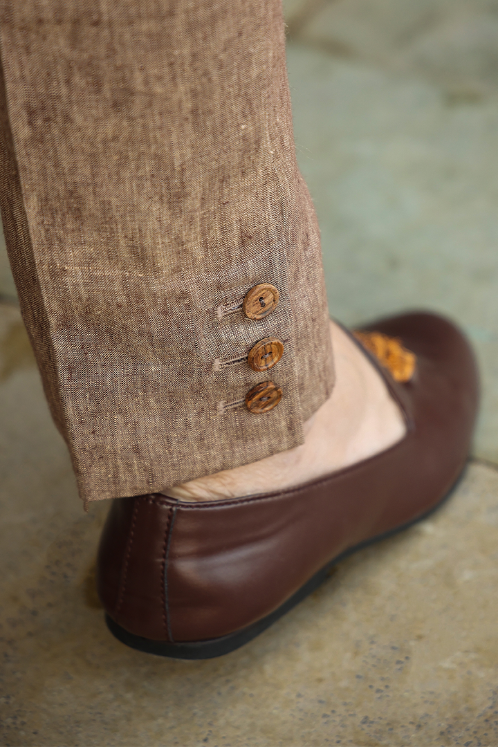 Brown Flap Button Bottom Linen Pants