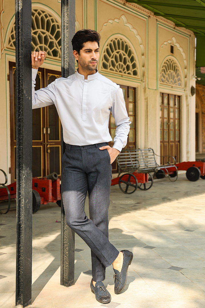 Blue Looped Button Bottom Linen Pants