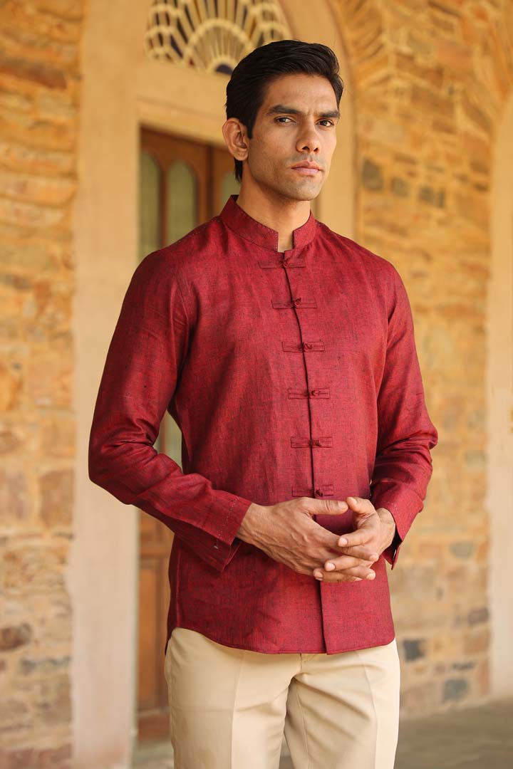 Red Mandarin Knot Linen Shirt